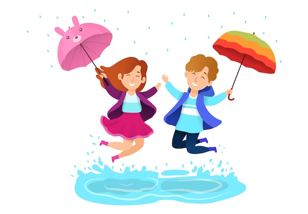 Niño y niña saltando en charcos con paraguas niños felices jugando en la lluvia niños alegres
