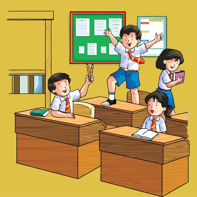niño y niña saltando sobre la mesa durante la clase