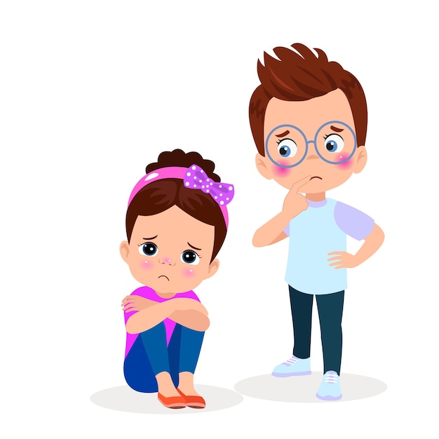 Un niño y una niña sentados en el suelo y uno de ellos está triste y la niña está triste.