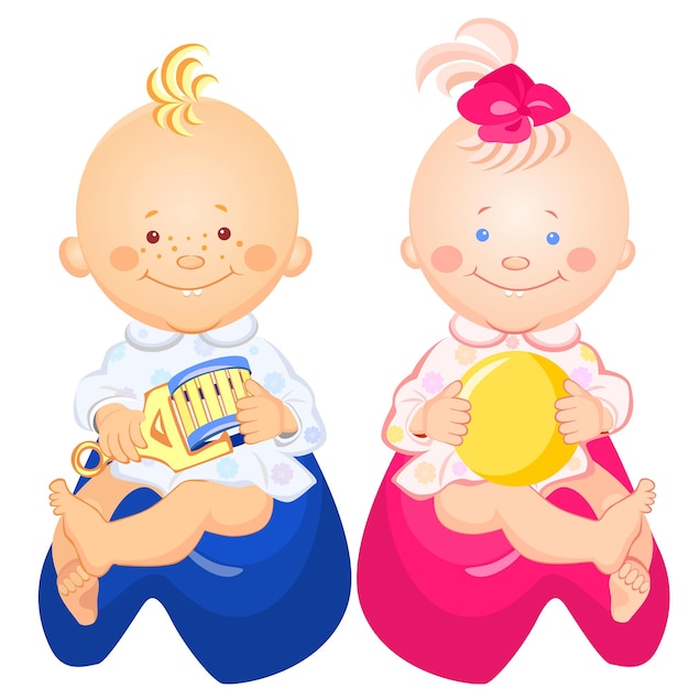 Niño y niña con un sonajero y una bola en la mano sonriendo sentado en las macetas