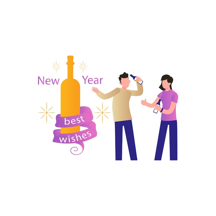 Vector niño y niña sosteniendo botellas de vino para la celebración de año nuevo