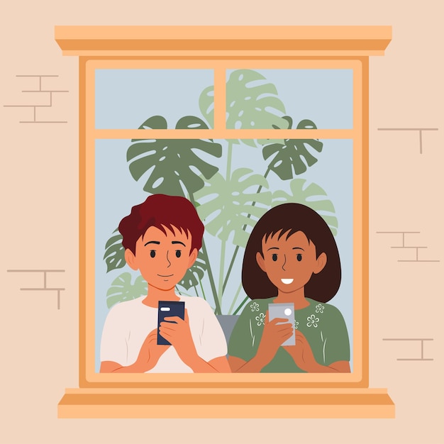 Un niño y una niña con teléfonos miran por la ventana vector ilustración plana