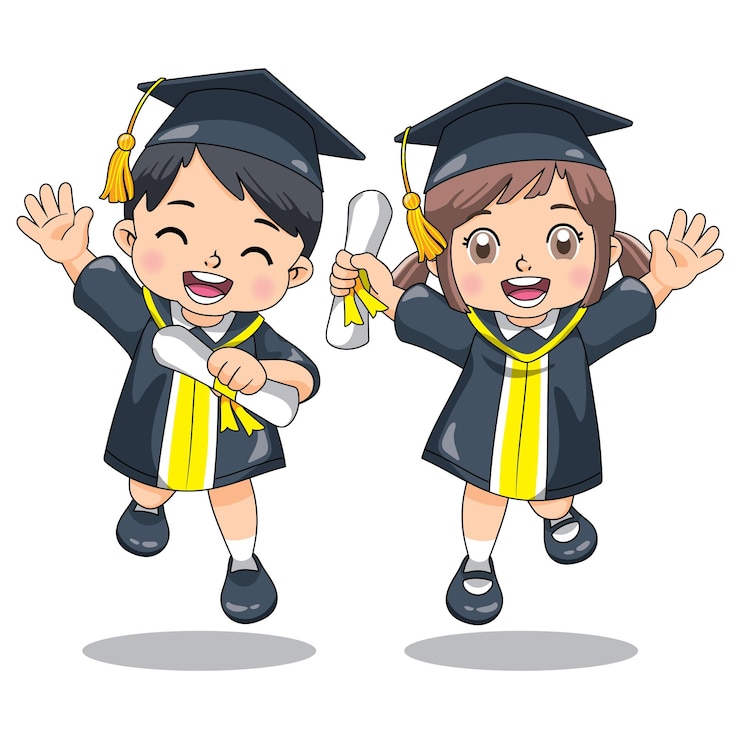 Vector un niño y una niña con toga y birrete de graduación.