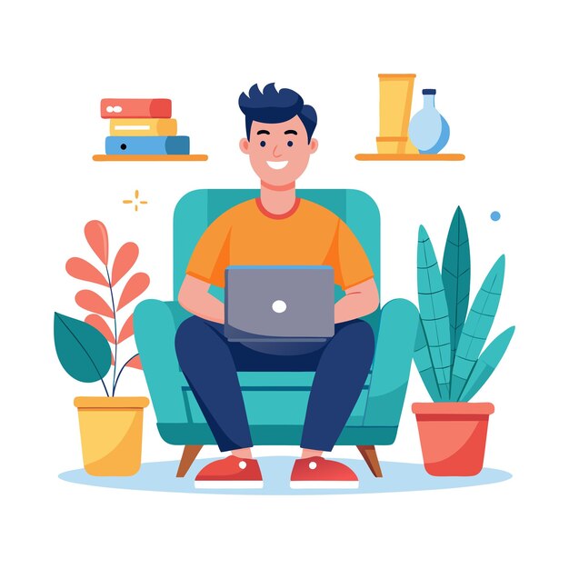 niño y niña trabajando en una computadora portátil en una silla cómoda en casa ilustración vectorial