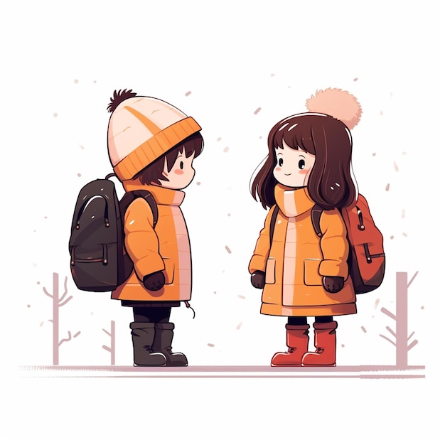 niño y niña van a la escuela en invierno