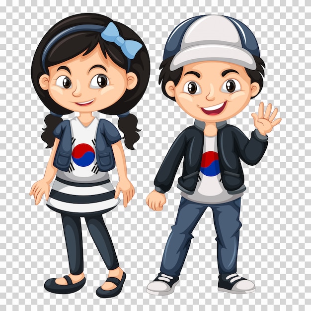 Vector niño y niña vistiendo camisas con la bandera de corea del sur