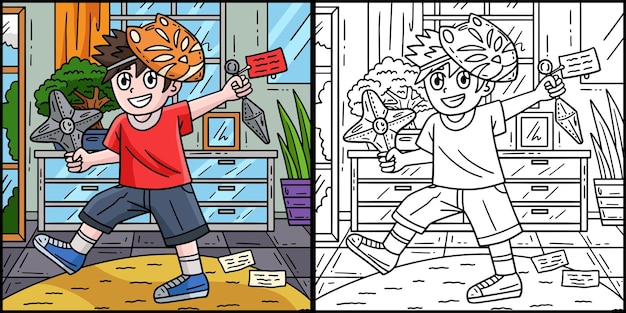 Niño Ninja con juguetes de Kunai Shuriken Ilustración