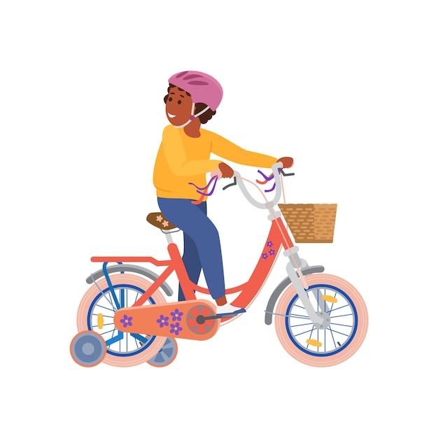 Niño, niño, bicicleta, con, ruedas adicionales, plano, vector, ilustración, aislado