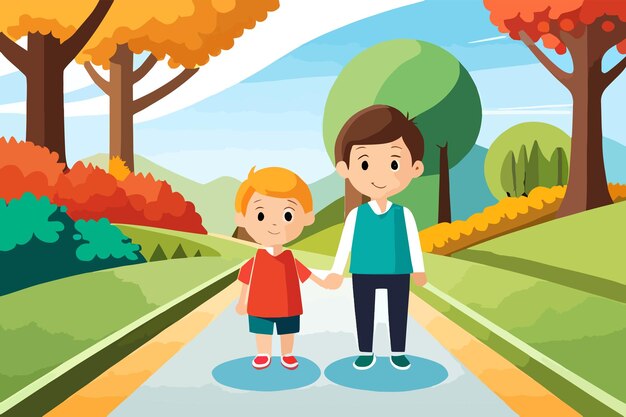 Un niño y un niño caminan por una calle en un parque.