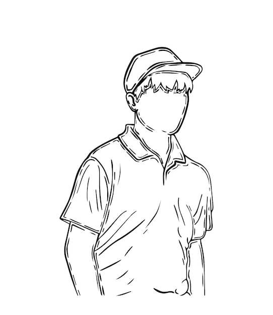 Niño niño chico en una gorra con el pelo corto en una camiseta doodle dibujos animados lineales para colorear