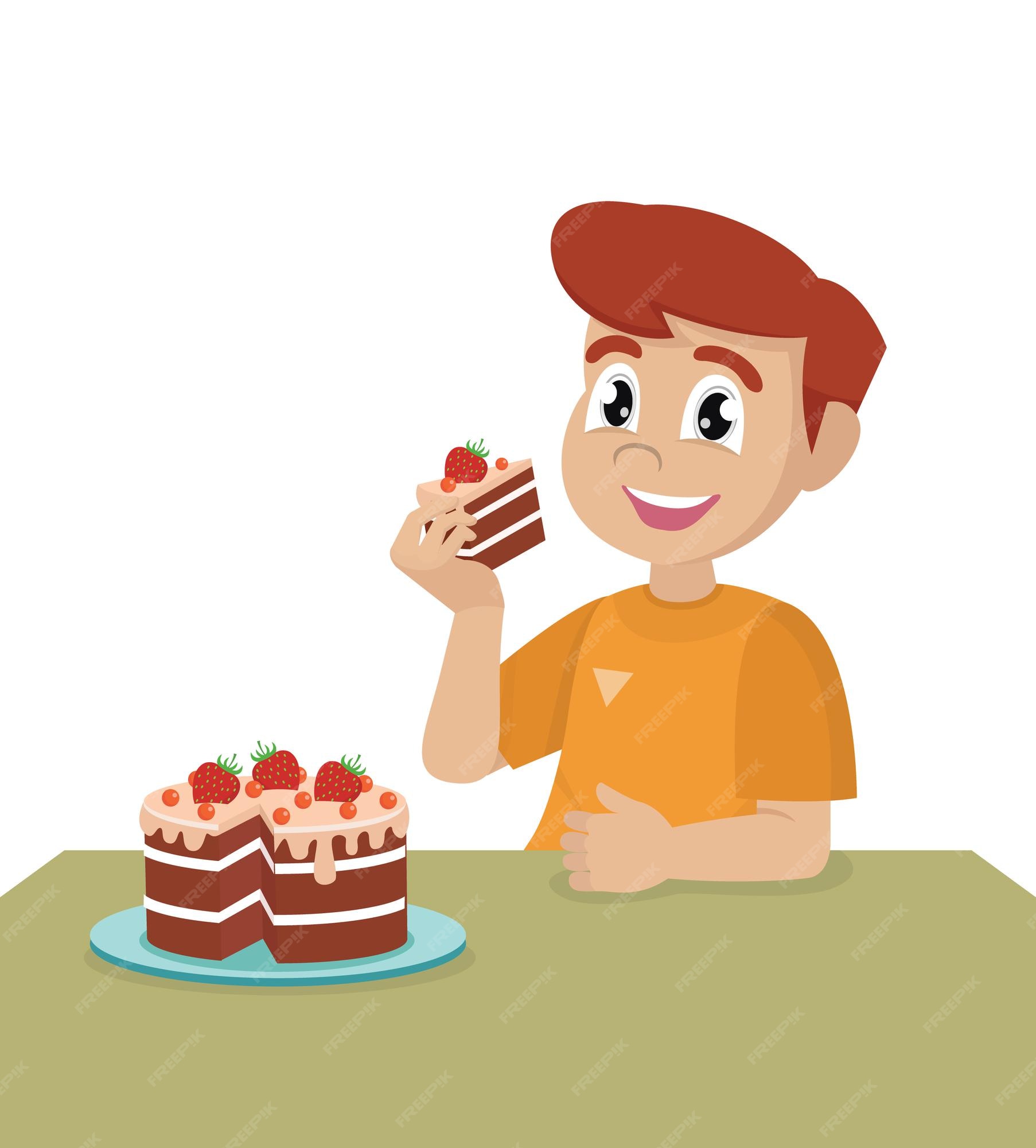 Niño niño comer un pastel de cumpleaños | Vector Premium