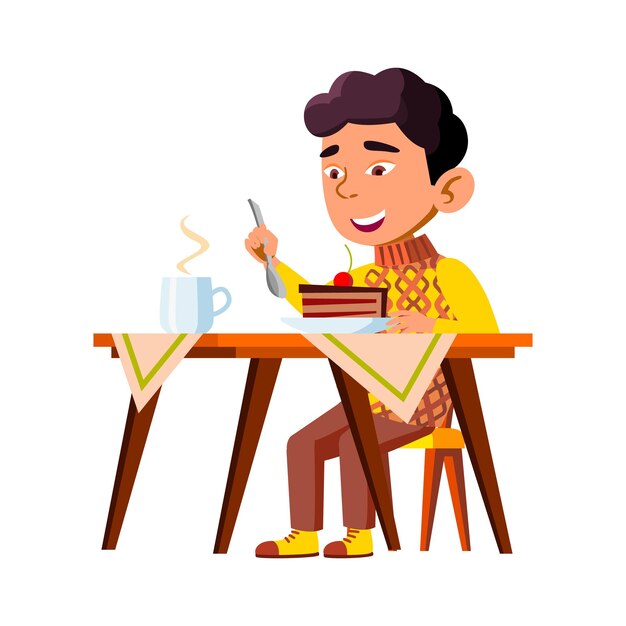 Niño niño comiendo delicioso pastel desayuno Vector. Niño chino feliz comer postre dulce pedazo de pastel y beber té caliente. Niño de personaje disfrutando de comida sabrosa y bebida plana ilustración de dibujos animados