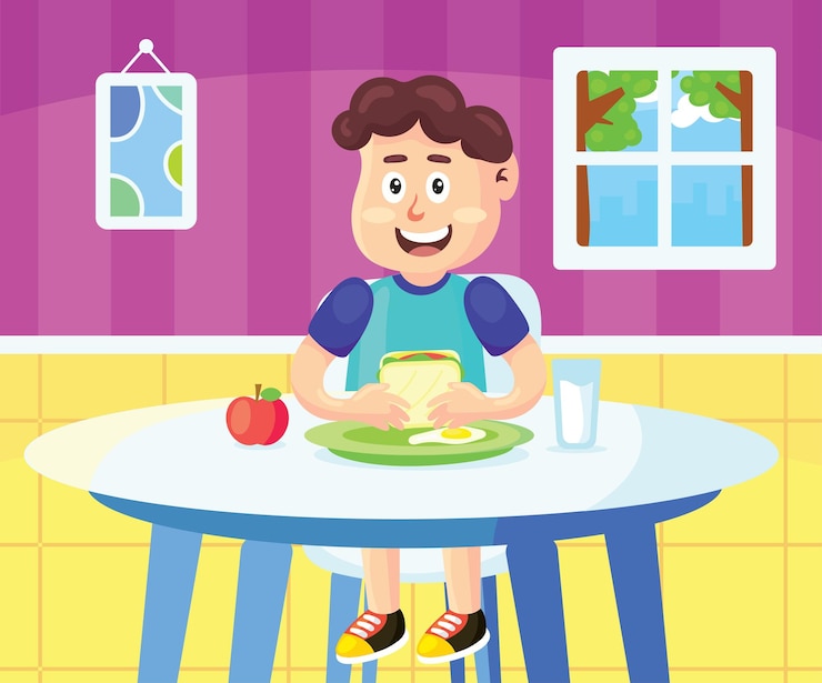 Vector niño, niño, desayunar, caricatura, ilustración