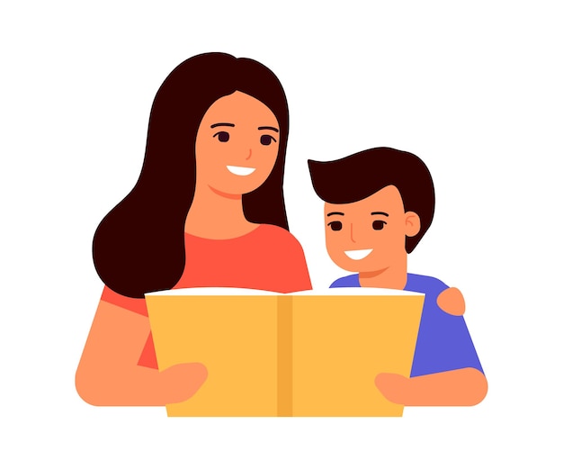 Vector niño, niño, y, madre, leer, libro, aprender, lección, mamá, ayuda, niño, hogar, escuela, educación en línea