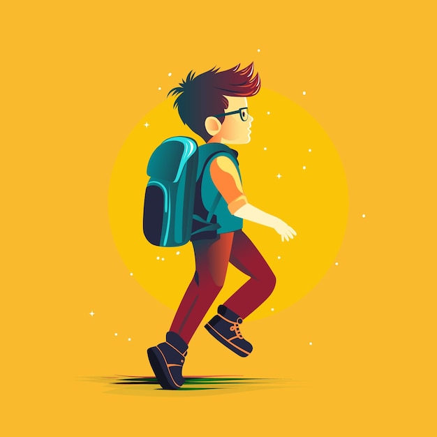 Vector niño niño con mochila escolar volver a la escuela fondo amarillo éxito motivación ganador genio
