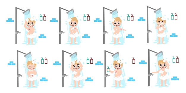 Vector niño niño tomando un baño lindo personaje ilustración