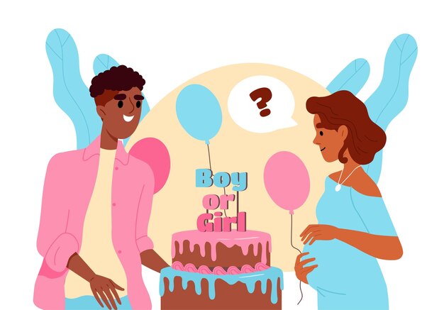 Vector niño o niña concepto de fiesta hombre cerca de mujer embarazada cerca de coloridos globos de aire y pastel de vacaciones y