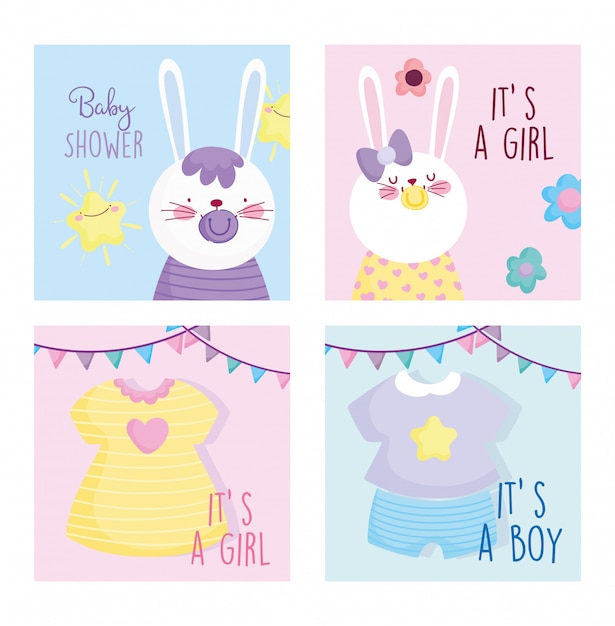 Vector niño o niña, el género revela tarjetas de conejitos lindos de baby shower