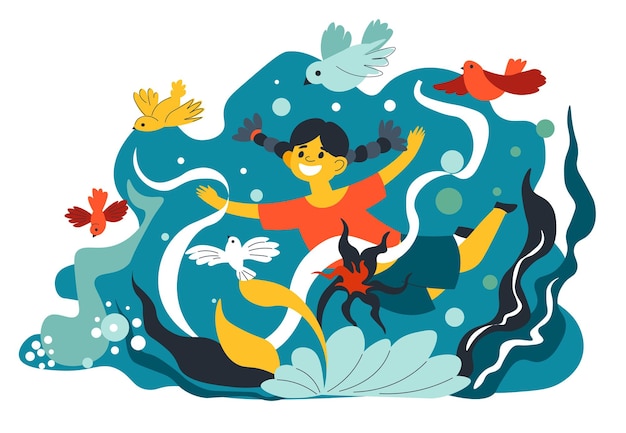 Niño observando flora y fauna en acuario con algas. chica mirando pájaros y flores. vida salvaje y relajación al aire libre, entretenimiento y diversión para niños pequeños. vector en estilo plano