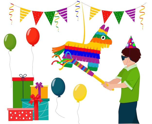 Vector un niño con los ojos vendados va a romper una celebración de cumpleaños de piñata accesorios y regalos brillantes