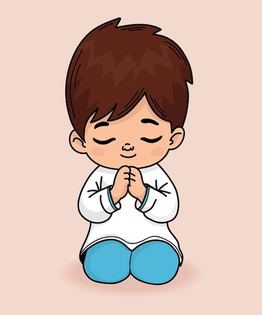 Niño orando de rodillas con las manos cruzadas en oración niño creyente religioso dibujo a mano de color