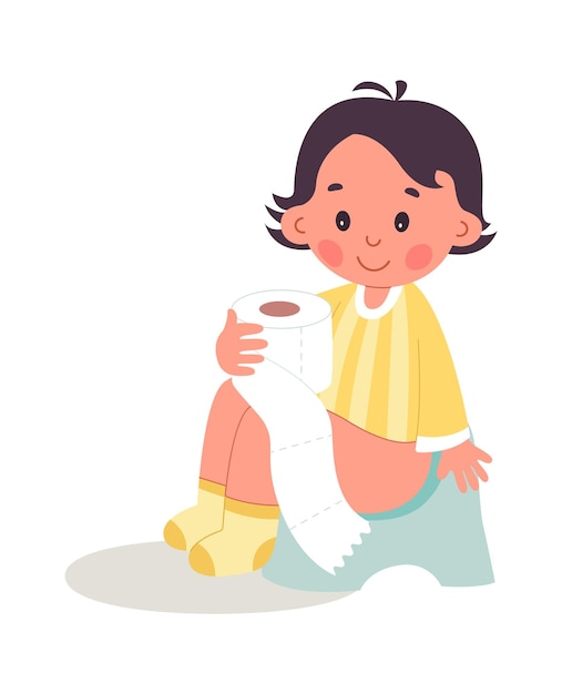niño, en, orinal, con, papel higiénico, plano, icono