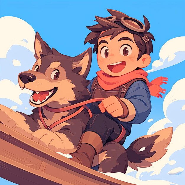 Vector un niño de oslo va en trineo de perros al estilo de los dibujos animados