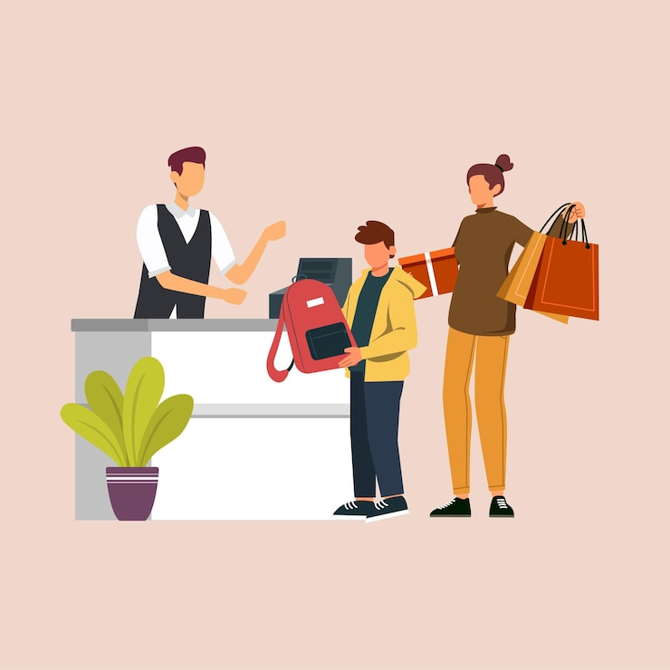 Vector niño pagando una bolsa roja con su madre esperando en la fila frente al mostrador de caja ilustración de vector de dibujos animados planos de colores de clientes en boutique o outlet