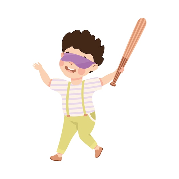Niño con palo de madera listo para golpear a Pinata en la fiesta de cumpleaños Ilustración vectorial