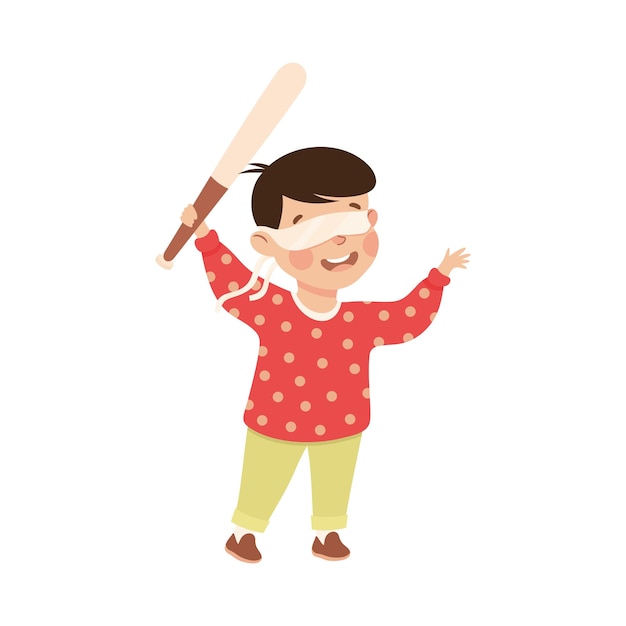 Niño con palo de madera listo para golpear a Pinata en la fiesta de cumpleaños Ilustración vectorial