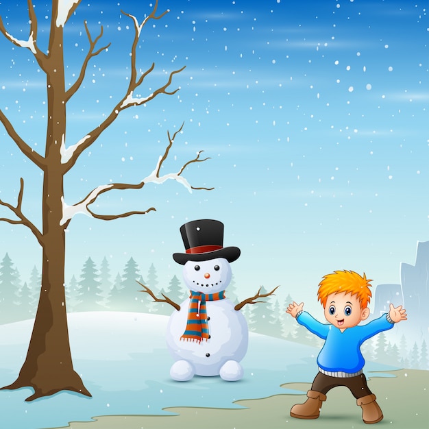 Vector un niño parado cerca del muñeco de nieve en el paisaje de invierno