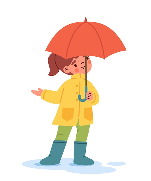 Niño con paraguas bajo el concepto de lluvia Chica en otoño y temporada de otoño Colegiala con paraguas rojo Etiqueta de redes sociales Dibujos animados vector plano ilustración aislada sobre fondo blanco