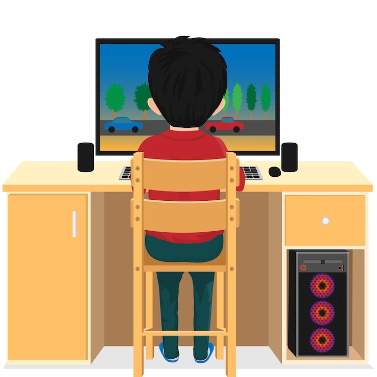 Vector niño pasando tiempo en la computadora de escritorio
