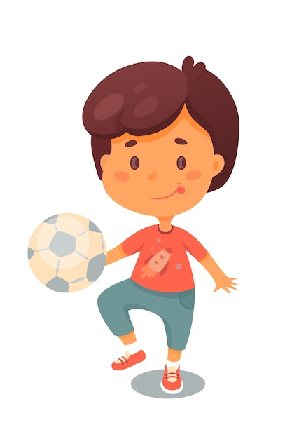 Vector niño pateando la pelota lindo niño jugando al fútbol al aire libre