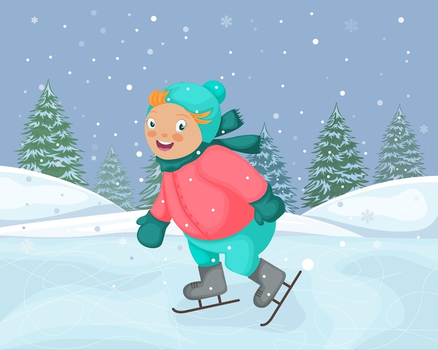 Un niño en patines ilustración de invierno que representa a un niño patinando sobre hielo un niño en estilo de dibujos animados contra
