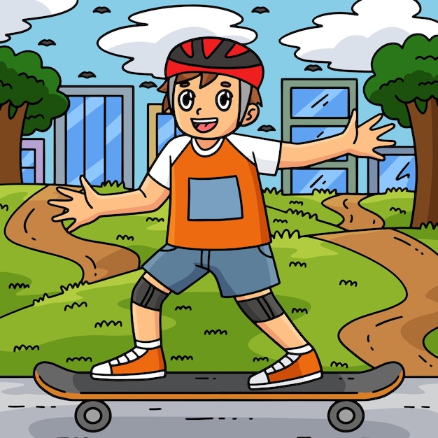 Niño de patineta jugando a dibujos animados de colores
