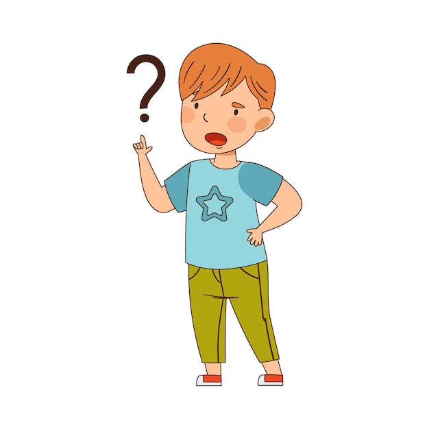 Niño pelirrojo confundido reflexionando pregunta pensando y preguntándose Ilustración vectorial