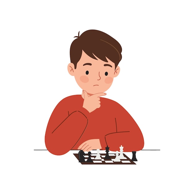 Niño pensativo contemplando movimientos de ajedrez en ilustración vectorial de estilo diseño plano