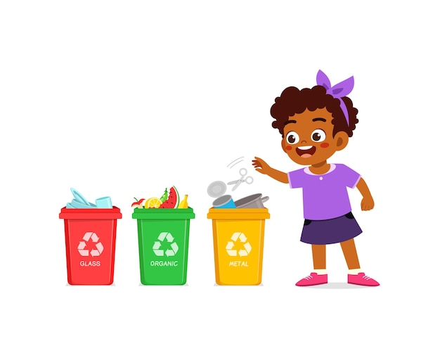 Niño pequeño arroja desechos metálicos a la papelera de reciclaje