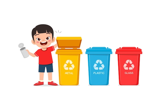 Niño pequeño arroja desechos metálicos a la papelera de reciclaje