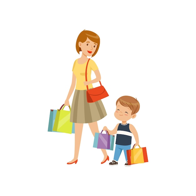 Niño pequeño ayudando a su madre a llevar bolsas de compras niños buenos modales concepto vectorial Ilustración aislada en un fondo blanco