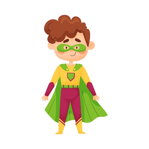 Niño pequeño con cabello rizado en amarillo y magenta traje de superman máscara verde y capa emblema vacío en el pecho fiesta chidlren ilustración vectorial personaje de dibujos animados aislado fondo blanco