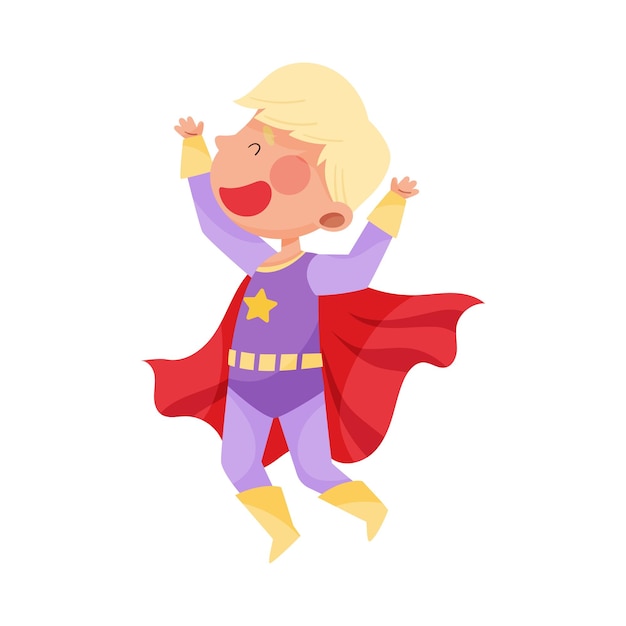 Niño pequeño con cabello rubio con disfraz de superhéroe agitando la mano ilustración vectorial