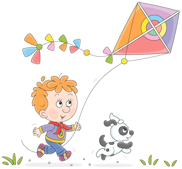 Un niño pequeño y un cachorro corriendo y jugando con una cometa de juguete voladora en un patio de recreo en un parque de verano