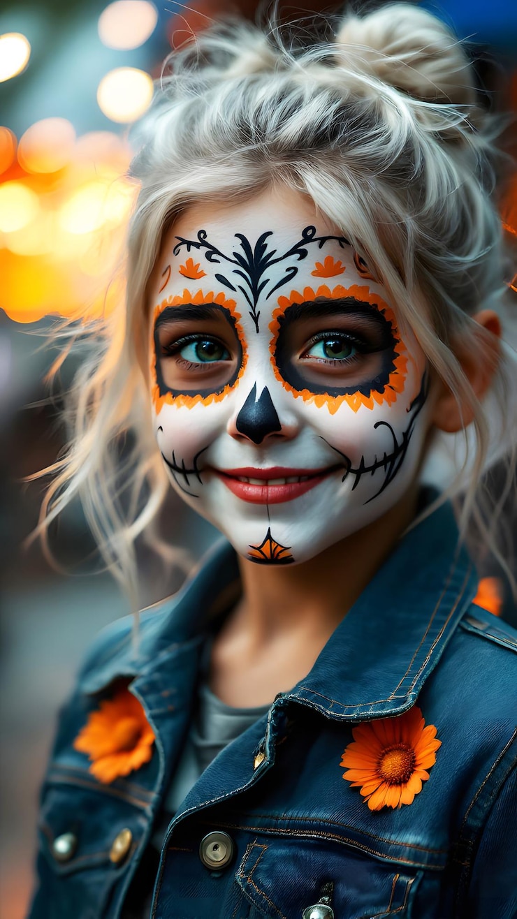 Vector un niño pequeño con una cara de cráneo pintado sonríe brillantemente