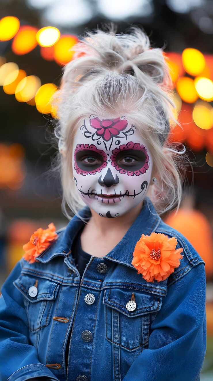 Vector un niño pequeño con una cara de cráneo pintado sonríe brillantemente
