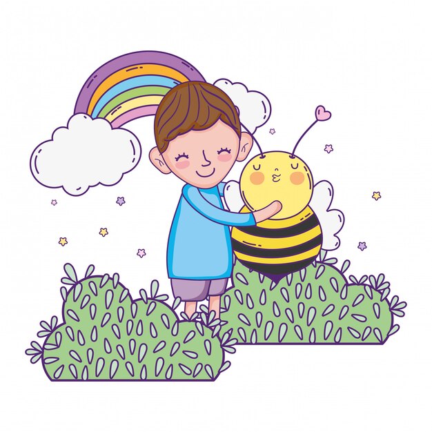 Niño pequeño con el carácter de abeja kawaii