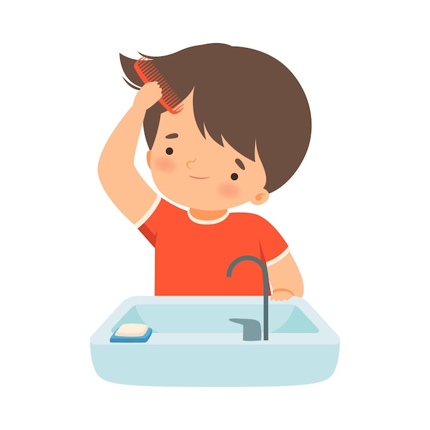 Niño pequeño cepillándose el cabello húmedo con una ilustración vectorial de peine
