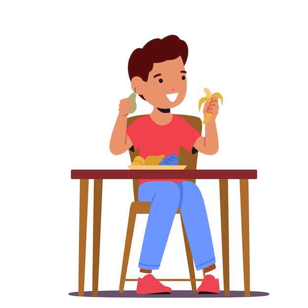 Niño pequeño come frutas frescas Niño come alimentos saludables Carácter infantil Sentado en la mesa con diferentes frutas Uvas Melocotón