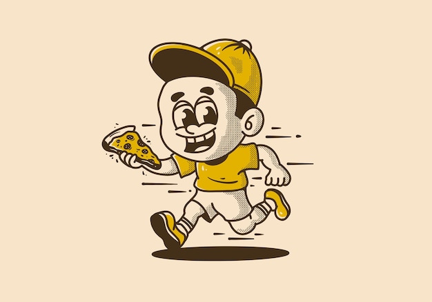 un niño pequeño corriendo y sosteniendo una porción de pizza ilustración vintage